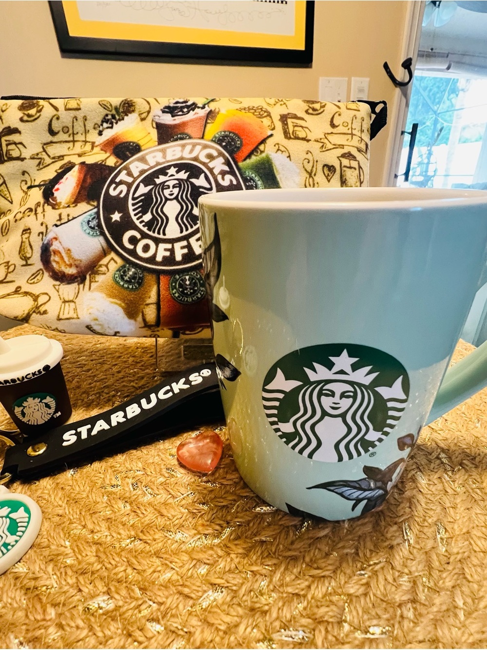 Starbucks Green Ceramic Mug, Bag Charm and Pouchette Bundle NWOT
